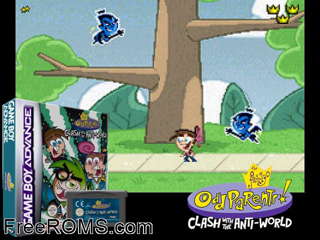 Fairly Odd Parents!, The - Clash With The Anti-World Gameboy Advance game showing 3D box cover and gameplay screenshot